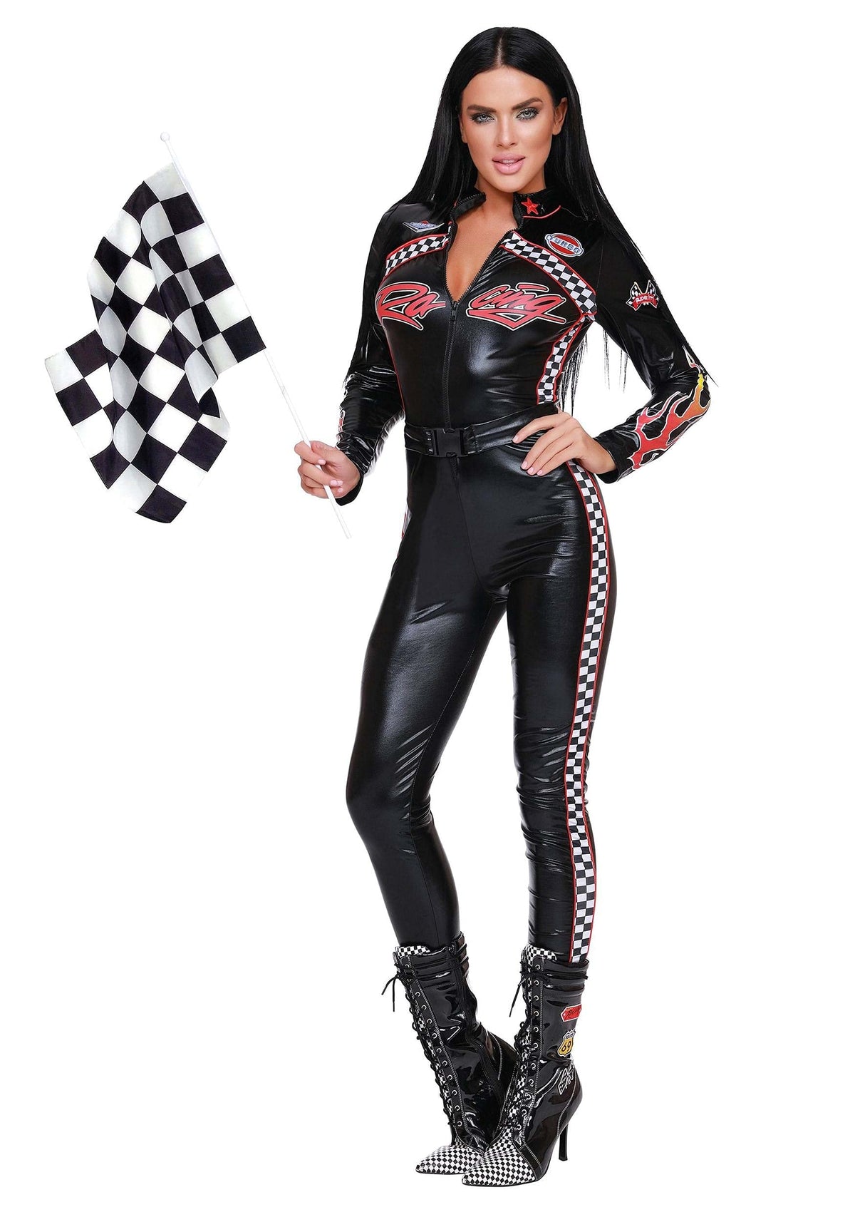 DreamGirl Adult Sexy Racer Costume for Women, Race Car Driver Jumpsuit, Star Your Engines Halloween Costume Small Black