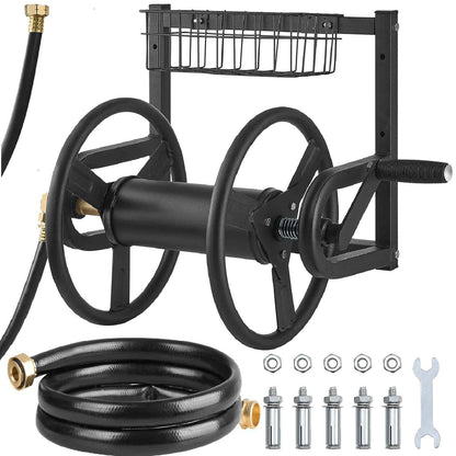 VEVOR Wall Mounted Garden Hose Reel, Holds 125 ft 5/8-inch Hose, Heavy-Duty Water Hose Winder, Space-Saving Design, Outdoor Manual Reel with Brass Fitting and Storage Basket for Yard Lawn 🍁 All In One Marketplace Canada