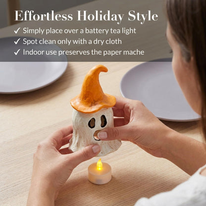 Mud Pie Halloween Lantern, Orange Ghost Witch Lantern, 3.75 x 6.75 Inch