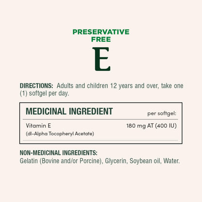 NATURE'S BOUNTY Vitamin E, 400 IU, Antioxidant, Preservative Free, 200 Softgels, 134 g 🍁 All In One Marketplace Canada