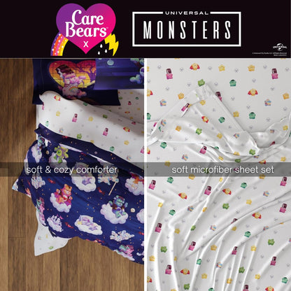 Franco Care Bears x Universal Monsters Halloween Bedding 5 Piece Super Soft Cozy Reversible Comforter and Sheet Set with Sham, Twin, (Officially Licensed Product)
