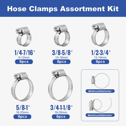 Hose Clamps, Small Worm Gear Hose Clamp Kit, Stainless Steel Worm Gear Hose Clamps for Radiator, Heater, 1 inch, 3/8 inch, 1/2 inch, 1/4 inch, 40 pcs 🍁 All In One Marketplace Canada