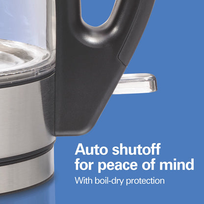 Hamilton Beach Glass Electric Kettle, 1 L, 1500W Fast Boiling Water Boiler, Cordless, Soft Blue LED Light, Auto Shutoff & Boil-Dry Protection, BPA-Free, Compact Size (40930JC) 🍁 All In One Marketplace Canada