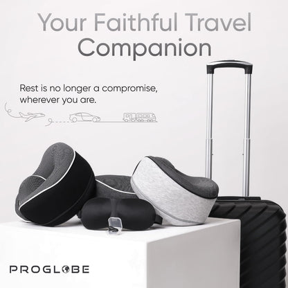 Proglobe Orthopedic Neck Pillow Travel Neck Pillows for Airplanes, Memory Foam Kit, Updated Resting Material, Airplane Travel Set with 3D Contoured Eye Masks, Earplugs, and Luxury Mesh Bag (Grey) 🍁 All In One Marketplace Canada