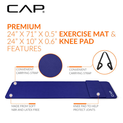 CAP Barbell High Density Exercise Yoga Mat with strap and Knee Pad 71"x24"x1/2" BLUE 🍁 All In One Marketplace Canada
