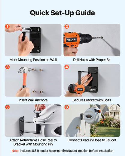 VEVOR Retractable Hose Reel, 115 ft x 1/2 inch, 180° Swivel Bracket Wall-Mounted, Garden Water Hose Reel with 9-Pattern Nozzle, Automatic Rewind, Lock at Any Length, and Slow Return System 🍁 All In One Marketplace Canada