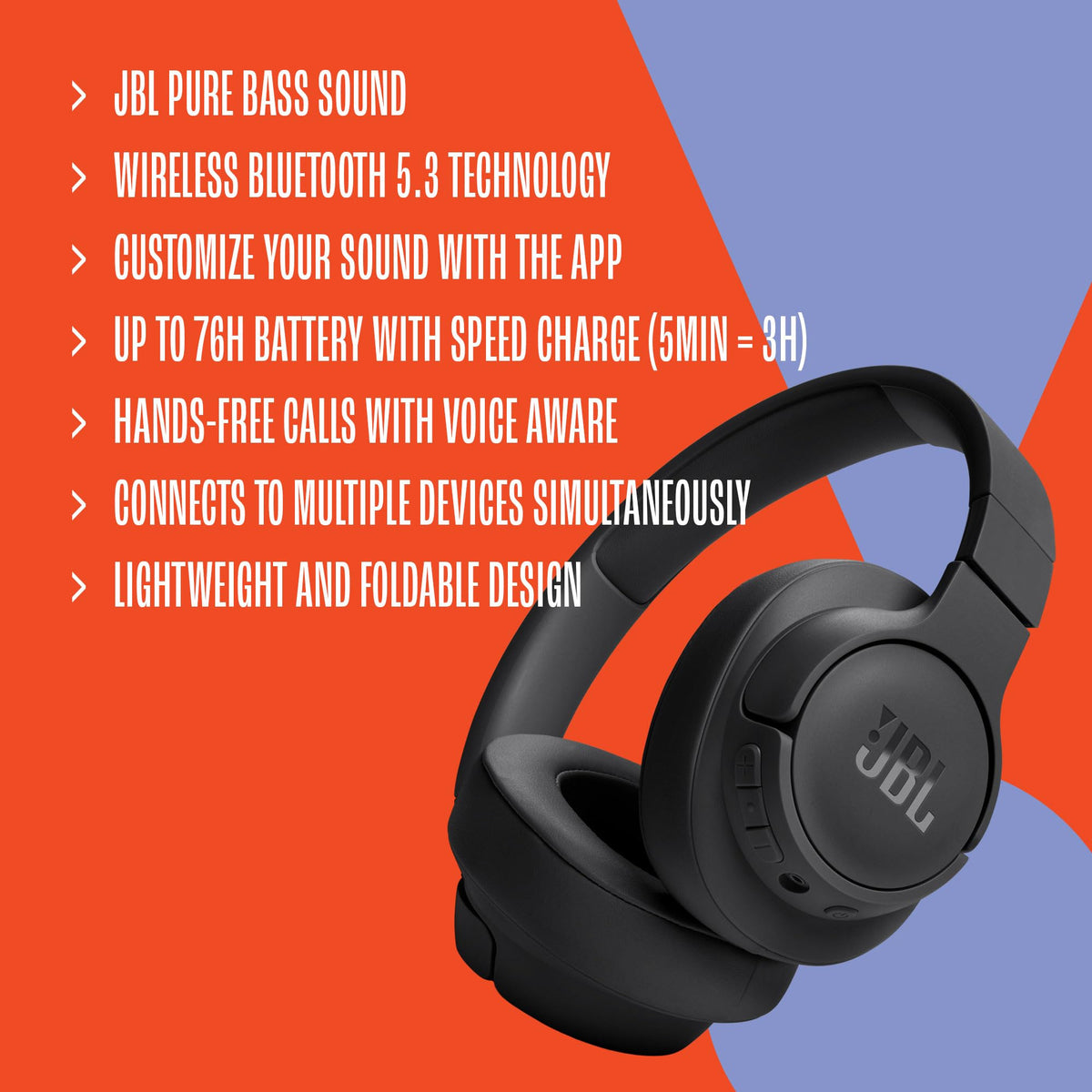 JBL Tune 720BT - Wireless Over-Ear Headphones with JBL Pure Bass Sound, Bluetooth 5.3, Up to 76H Battery Life and Speed Charge, Lightweight, Comfortable and Foldable Design (White) 🍁 All In One Marketplace Canada