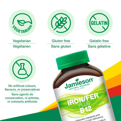 Jamieson Chewable Iron 18 mg Plus Vitamin B12 1,000 mcg Tropical Mango Lime Flavour, Helps Prevent Iron Deficiency, and Supports Natural Energy. Vegetarian, Gluten-Free, No Artificial Colours, Flavours, or Preservatives, 45 Chewable Tablets
