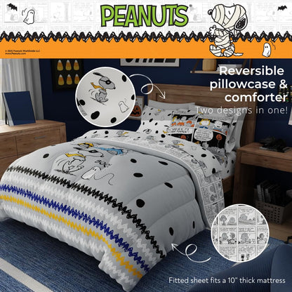 Peanuts Halloween Full Bed Set – Super Soft & Cozy 5 Piece Reversible Comforter and Sheet Set Featuring Snoopy & Charlie Brown, (Official Peanuts Product) by Franco