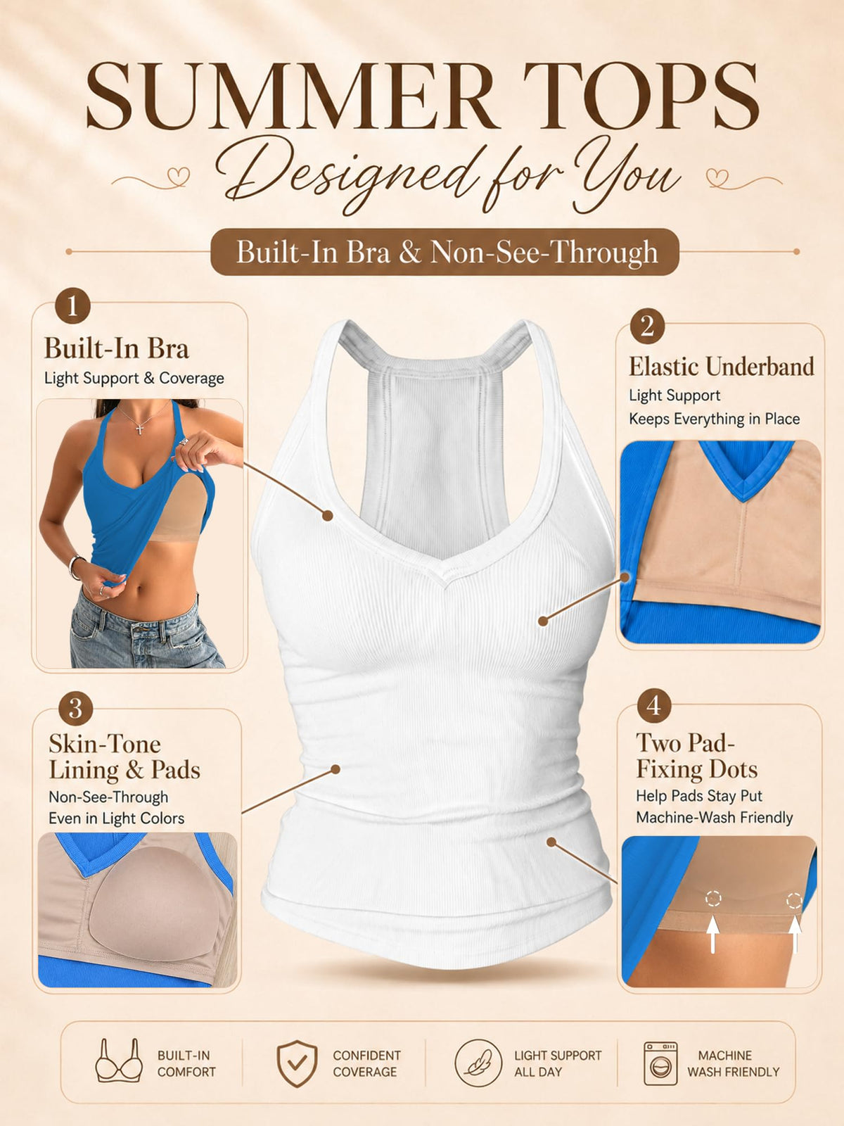 Danysu V Neck Cotton Tank Tops with Built-in Shelf Bra Sleeveless Racerback Fitted Basic Cami Shirts Bright White L 🍁 All In One Marketplace Canada