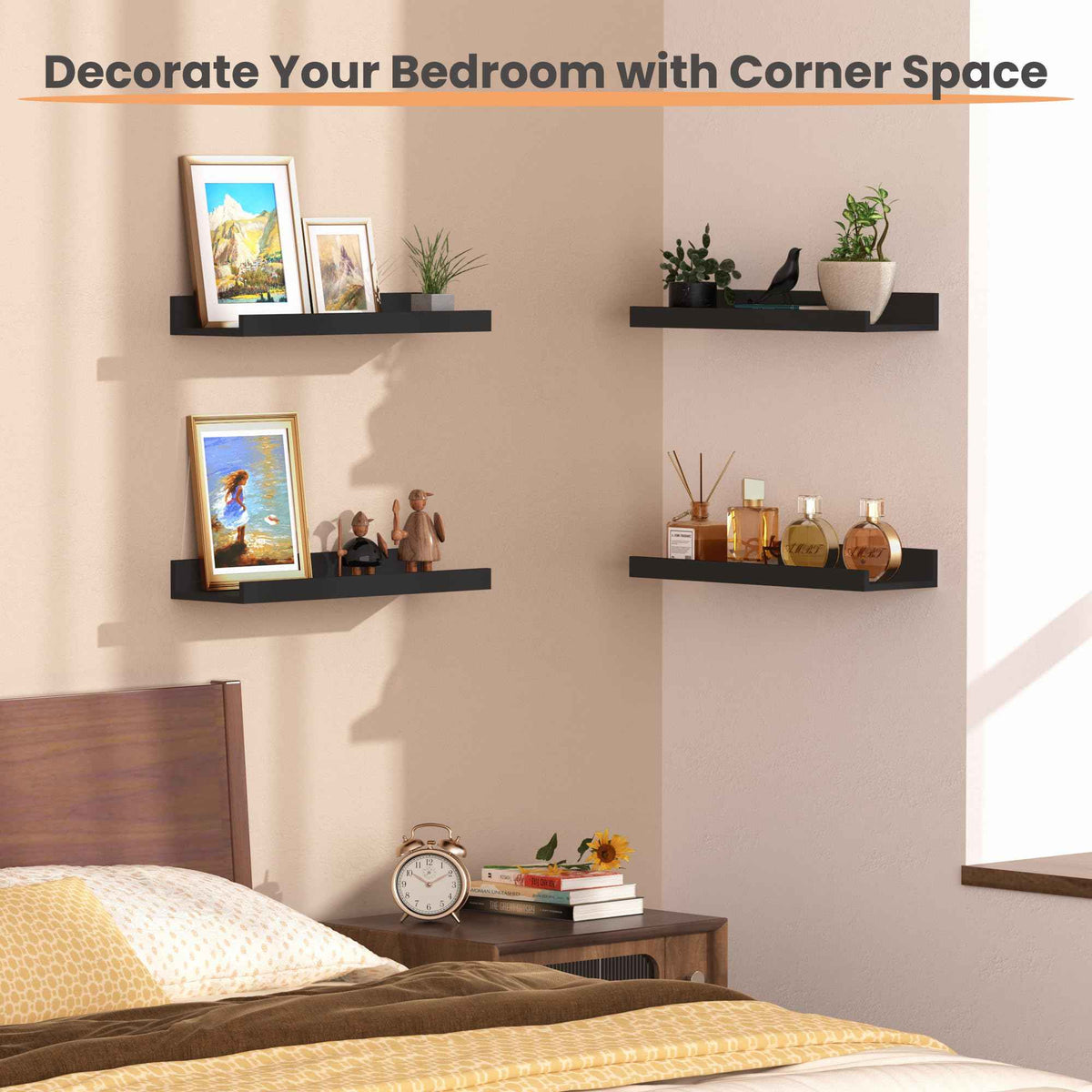 upsimples Floating Shelves for Wall, Decor Storage Set of 6, Wall Mounted Wood Shelves for Bedroom, Living Room, Bathroom, Kitchen, Picture Ledge Shelves, Black 🍁 All In One Marketplace Canada