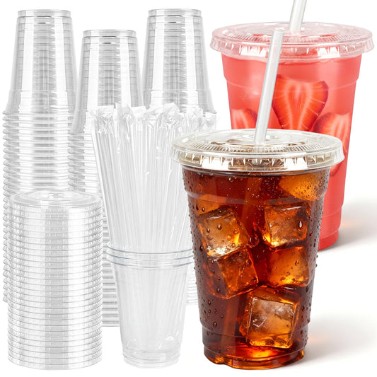 100 Pcs Clear Plastic Cups with Flat Lids and Straws, 12 oz Disposable PET Iced Coffee Cups - Ideal for Ice Coffee, Smoothie, Juice, Lemonade, Cold Beverages﻿ 🍁 All In One Marketplace Canada