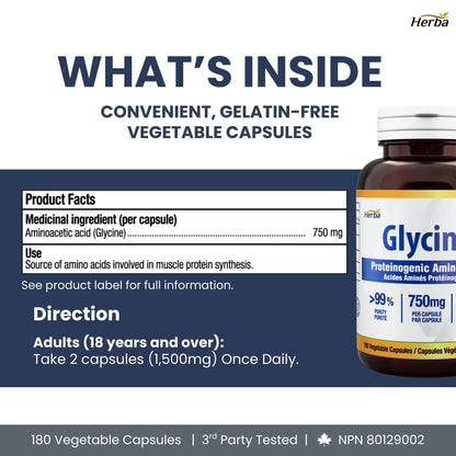 Herba Glycine Supplement 750mg - 180 Capsules | >99% Ultra Pure Glycine Capsules | Free-form Proteinogenic Amino Acids Supplements | Made in Canada 🍁 All In One Marketplace Canada