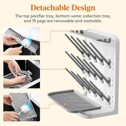Lifewit Large Baby Bottle Drying Rack for 15 Bottles, Removable Pacifiers Box, Drip Tray, Vertical Rack for Bottle Accessories, Weighted Straws，Pump Parts, BPA-Free, White&Gray, Without Drain Mat 🍁 All In One Marketplace Canada