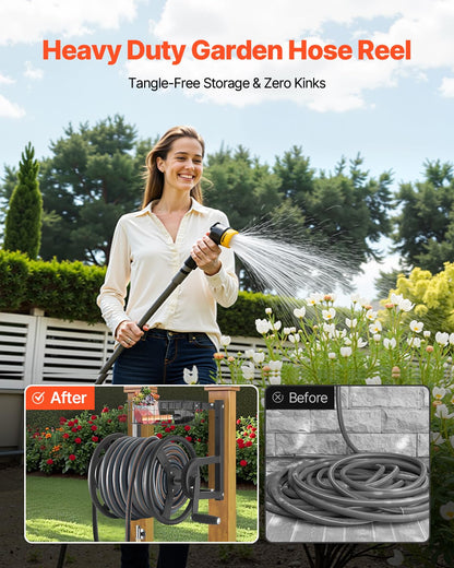 VEVOR Wall Mounted Garden Hose Reel, Holds 125 ft 5/8-inch Hose, Heavy-Duty Water Hose Winder, Space-Saving Design, Outdoor Manual Reel with Brass Fitting and Storage Basket for Yard Lawn 🍁 All In One Marketplace Canada