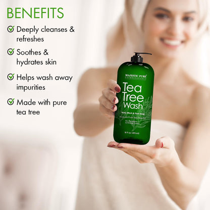 MAJESTIC PURE Tea Tree Body Wash with Collagen - Helps Nail Fungus, Athletes Foot, Ringworms, Jock Itch, Acne, Eczema & Body Odor - Soothes Itching - (Packaging May Vary), 16 fl oz 🍁 All In One Marketplace Canada