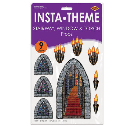 Beistle Medieval Stairway, Window & Torch Props, 9 Images, Haunted Castle Wall Decorations, Spooky Gothic Scene for Halloween Parties & Dungeon Themes, Printed Plastic Cutouts, 18” to 60”