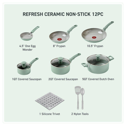 T-Fal Refresh Ceramic Nonstick 12-Piece Cookware Set, Oven Safe Up to 350ºF, Includes Stockpot, Griddle, Frying Pan, Utensils, Ceramic Cookware, Mint Green 🍁 All In One Marketplace Canada