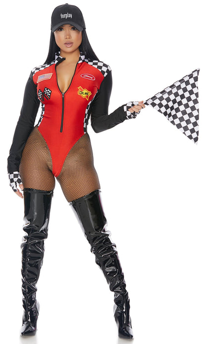Forplay Wanna Race Racer-Themed Fancy Dress - 4-Piece Women's Halloween Costume, Red, Medium/Large