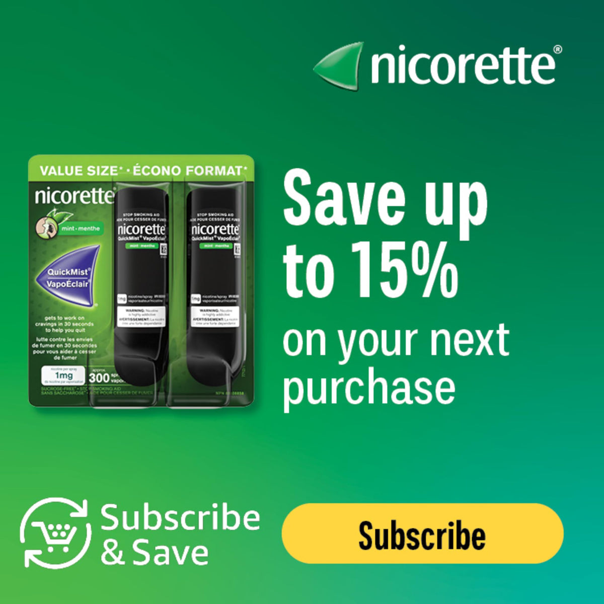 Nicorette QuickMist Nicotine Mouth Spray 1mg, Mint – NRT, 2 x 150 Sprays 🍁 All In One Marketplace Canada