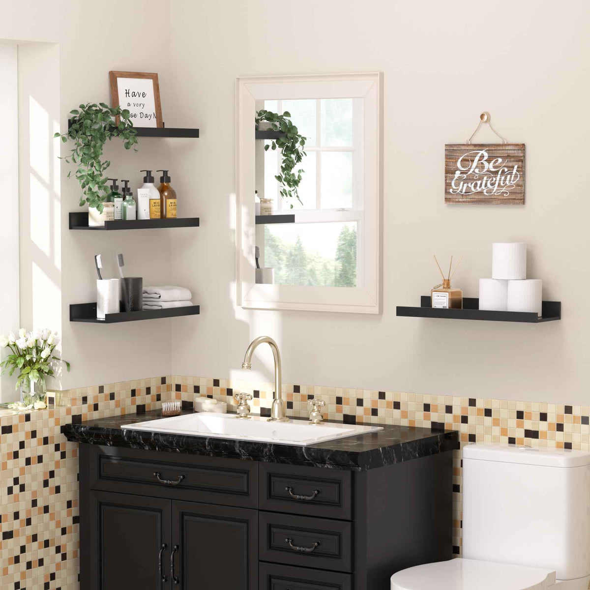 upsimples Floating Shelves for Wall, Decor Storage Set of 6, Wall Mounted Wood Shelves for Bedroom, Living Room, Bathroom, Kitchen, Picture Ledge Shelves, Black 🍁 All In One Marketplace Canada