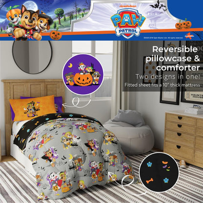 Paw Patrol Kids Halloween Bedding 5 Piece Super Soft Cozy Reversible Comforter and Sheet Set with Sham, Twin, (Officially Licensed Product) by Franco