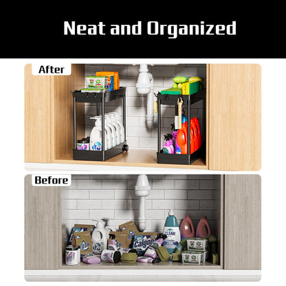 Cicilyna 2 Pack Under Sink Organizer, 2 Tier Bathroom Cabinet Organizers and Storage with Hook, Multi-purpose Storage Basket Shelf for Kitchen, Black 🍁 All In One Marketplace Canada
