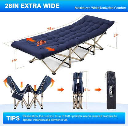 Overmont Camping Cot with Cushion - 28” Extra Wide Folding Cots for Adults Load 550 LBS with Carry Bag - Double Layer 2400D Oxford Sleeping Bed for Outdoor Travel Home Office Nap 🍁 All In One Marketplace Canada