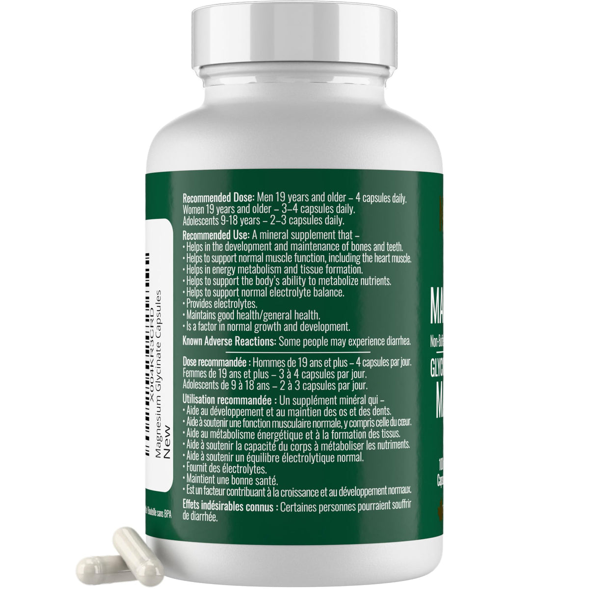 Magnesium Glycinate 100 mg Capsules (Elemental) from Non-Buffered Fully Chelated 100% Magnesium Bisglycinate - 124 High-Absorption Capsules with No Additives - Made in Canada - Nutritionn 🍁 All In One Marketplace Canada