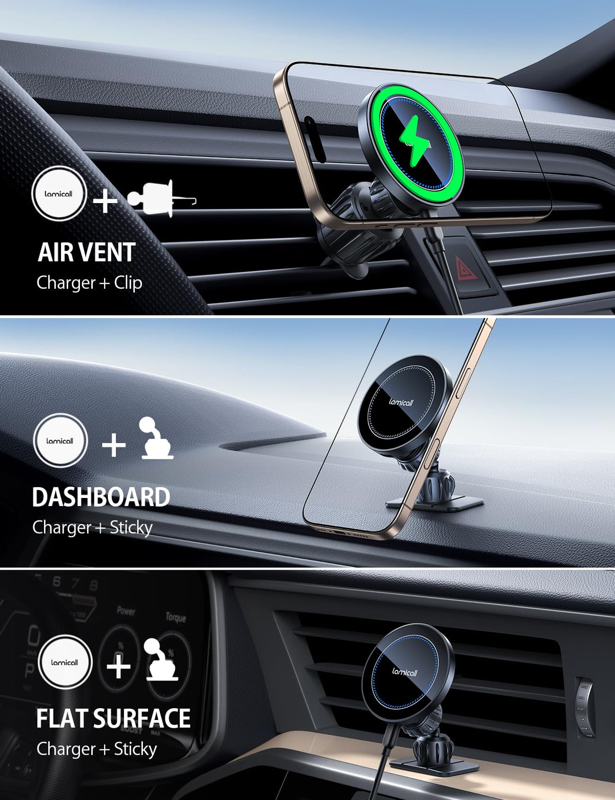 Lamicall 15W for Magsafe Car Mount Charger - Wireless Vent & Dashboard Magnetic Phone Holder Charger Mount, for iPhone 17, 17 Pro, 17 Pro Max, iPhone 16 15 14 for MagSafe Accessories, Car Accessories 🍁 All In One Marketplace Canada