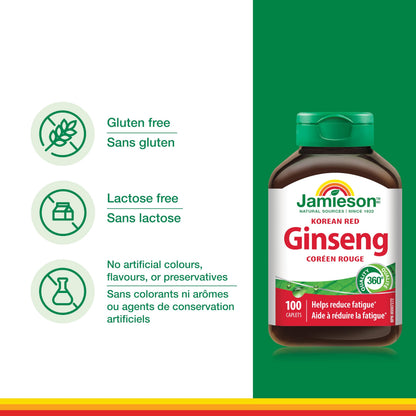 Jamieson Korean Red Ginseng, Panax Ginseng, 100 Caplets, Stress Support, Reduces Fatigue, Boosts Cognitive Health, Helps Enhance Physical Performance. Non-GMO, Proudly Canadian 🍁 All In One Marketplace Canada
