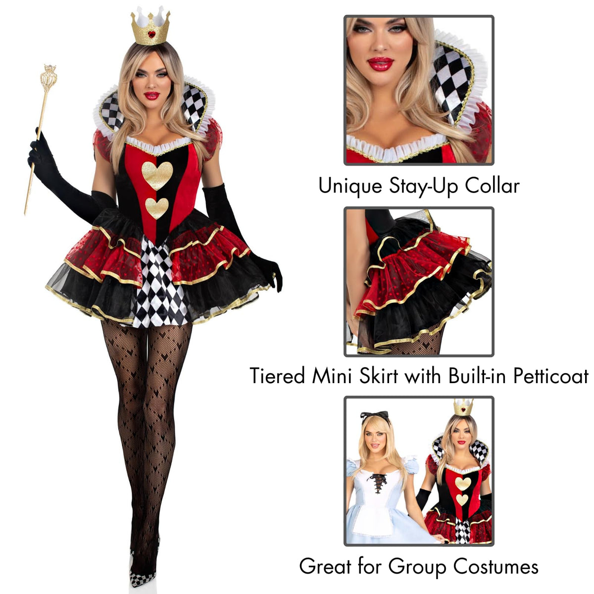 Leg Avenue Womens 2 Pc Queen of Hearts Halloween Costume for Women, Multicolor, X-Large