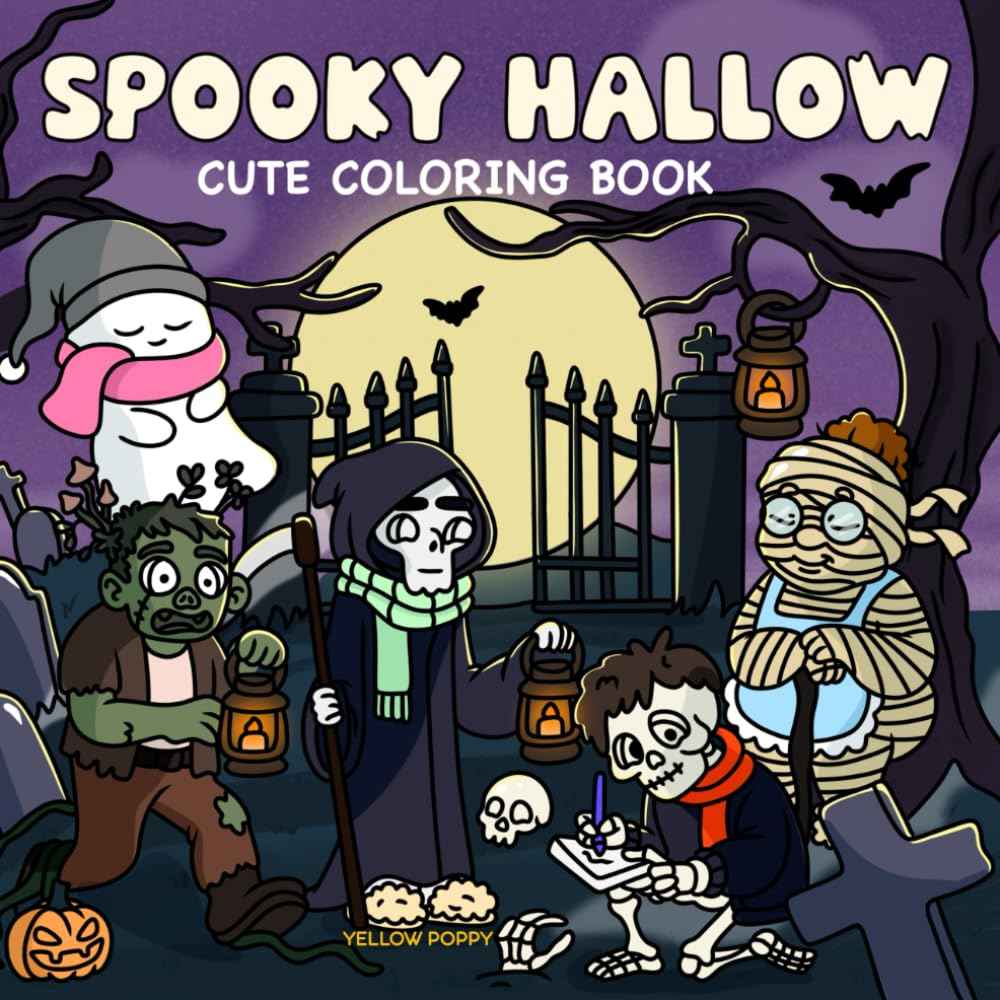 Spooky Hallow: Cute Coloring Book for Adults and Teens Featuring an Adorable Ghost, Skeleton, Mummy, Zombie, and Reaper. 50 Hand-drawn Cozy, Creepy Halloween Scenes with Hygge Moments and Spooky Vibes.