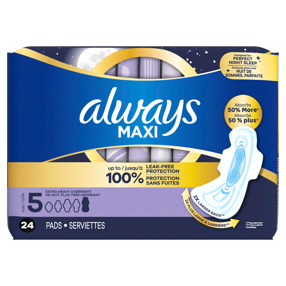 ALWAYS MAXI OVERNIGHT PADS WITH WINGS, SIZE 5, EXTRA HEAVY OVERNIGHT, UNSCENTED, 72 COUNT TOTAL (PACK OF 3) 🍁 All In One Marketplace Canada