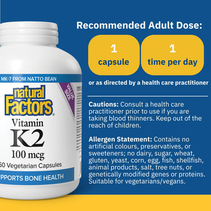 Natural Factors K2 Vitamin Supplement 100 mcg, VALUE SIZE, 360 Vegetarian Capsules, MK-7 from Natto Bean, Helps Support Bones, Vegan, Non-GMO, Proudly Canadian 🍁 All In One Marketplace Canada