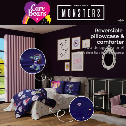 Franco Care Bears x Universal Monsters Halloween Bedding 5 Piece Super Soft Cozy Reversible Comforter and Sheet Set with Sham, Twin, (Officially Licensed Product)