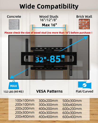 HOME VISION Full Motion TV Wall Mount for Most 32-85 inch TVs up to132 lbs, TV Mount Swivel and Tilt with Dual Articulating Arms, Wall Mount TV Bracket Max VESA 600x400mm, Fits 8" 12" 16" Wood Studs 🍁 All In One Marketplace Canada