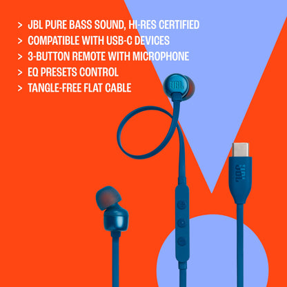 JBL Tune 310C - USB-C Wired Hi-Res in-Ear Headphones, Tangle-Free Flat Cable, 3-Button Remote with Microphone (Black) 🍁 All In One Marketplace Canada