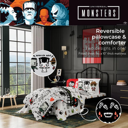 Universal Little Monsters Halloween 5 Piece Twin Bedding Set - Super Soft Cozy Reversible Comforter and Sheet Set with Sham, (Officially Licensed Product) by Franco