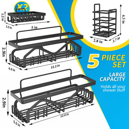 Coraje Adhesive Shower Caddy, 5-Pack Shower Shelves, Large Capacity Load Bearing 40 LBS Shower Organizer, No Drilling Shower Shelf, Rustproof Stainless Steel Bathroom Shower Storage, Black 🍁 All In One Marketplace Canada