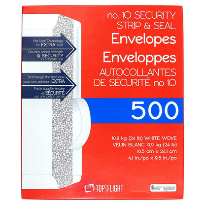 Top Flight PSTF10NWT #10 Envelopes, Strip & Seal, Security Tinted, White Paper, 24 lb, 500 Count 🍁 All In One Marketplace Canada