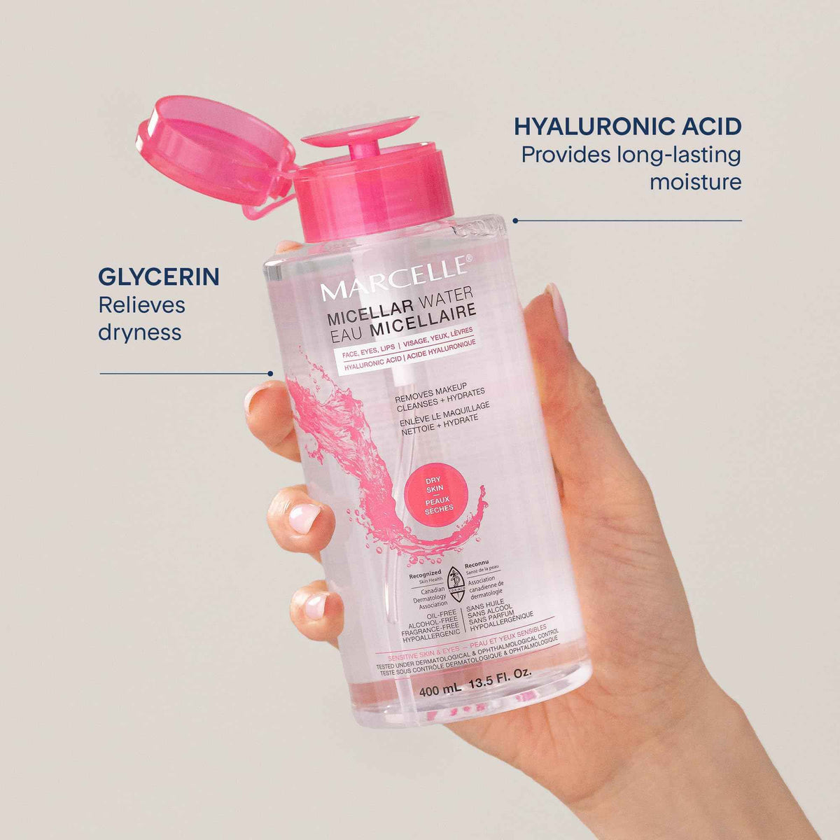 Marcelle Micellar Water, Dry + Sensitive Skin, with Hyaluronic Acid, Cleanses, Removes Makeup and Tones, Hypoallergenic, Oil-Free, Alcohol-Free, Fragrance-Free, Cruelty-Free, 400 mL 🍁 All In One Marketplace Canada