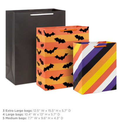 Hallmark Halloween Assorted Gift Bags Bulk - Black, Orange and Purple (12 Bags: 5 Medium 9", 4 Large 13", 3 Extra Large 15") Stripes, Polka Dots, Solids for Kids, Teachers, Birthdays