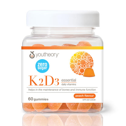 Youtheory K2D3 Zero Sugar Gummies, 1000 IU D3 & MK-7 100 mcg K2, Helps Develop & Maintain Bones & Teeth, Peach Flavour, Vegetarian, 60 Gummies 🍁 All In One Marketplace Canada