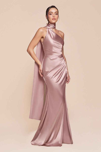 One shoulder neckline, gathered waistline & leg slit