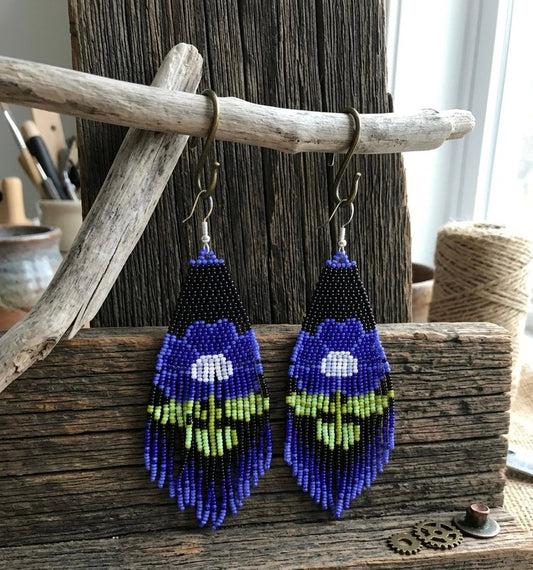 Flower Beaded Earrings ( Blue )