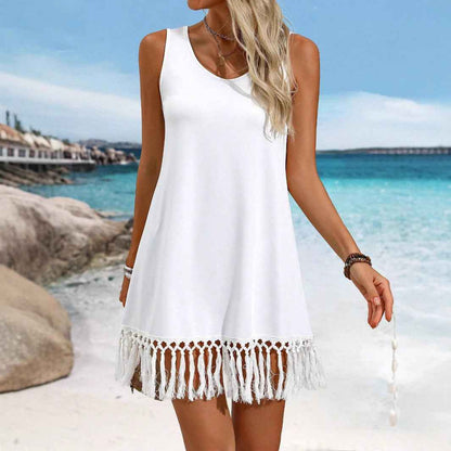 Women's Solid-Color European & American Style Tassel Dress – Sleeveless Asymmetrical Mid-Length Dress