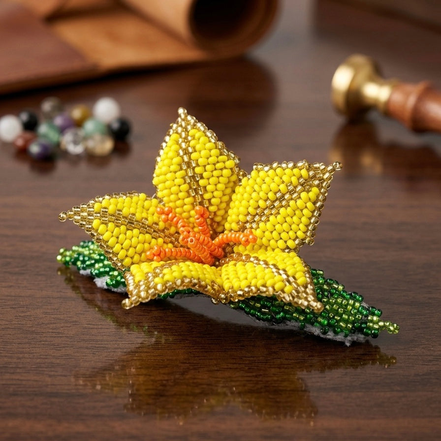 Yellow Ember Bloom Beaded Hair Barrette