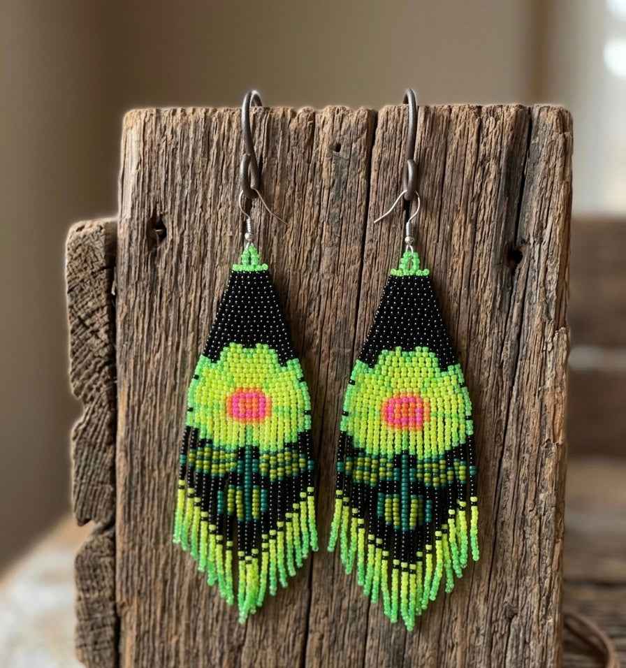 Flower Beaded Earrings ( Green )
