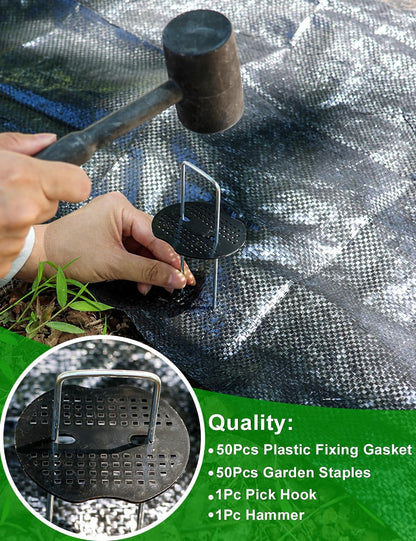 Wohohoho 102Pcs 6 Inches Landscape Staples with Gasket Kit. 50Pcs U-Shaped Garden Stakes and Plastic Fixing Gasket, with Pick Hook and Black Hammer. Pins for Tent Turf Weed Barrier Fabric Hose Fence 🍁 All In One Marketplace Canada